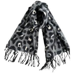 D543 Leopardo rašto pilkas šalikas